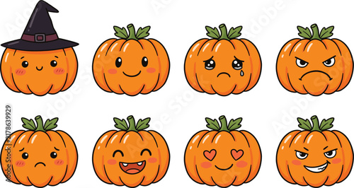Set of eight cartoon jack o lantern pumpkins with expressive faces and playful emotions isolated on white background for Halloween design