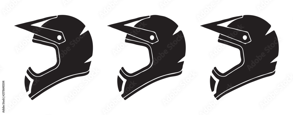 Fototapeta premium Detailed motocross helmet silhouettes with visor for mountain bike racing and extreme sport design projects.
