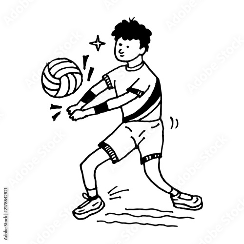 Hand drawn pen drawing of a boy playing volleyball

