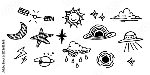 set of hand-drawn space object doodles using a pen, star, sun, cloud