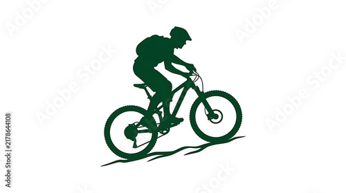 Green silhouette of a mountain biker riding uphill on a trail isolated on white background