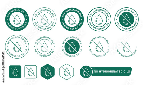 No Hydrogenated Oils Badge, Stamp and Food Label Icon Collection. No Hydrogenated Oils badges, stamps, seals, labels, and icons featuring a crossed-out oil symbol in clean green and white designs.vect