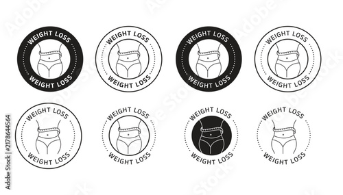 Weight Loss badge and stamp collection featuring a waist measurement and body silhouette icon in circular seal designs. The monochrome black-and-white vector-style set includes filled, outlined, and m