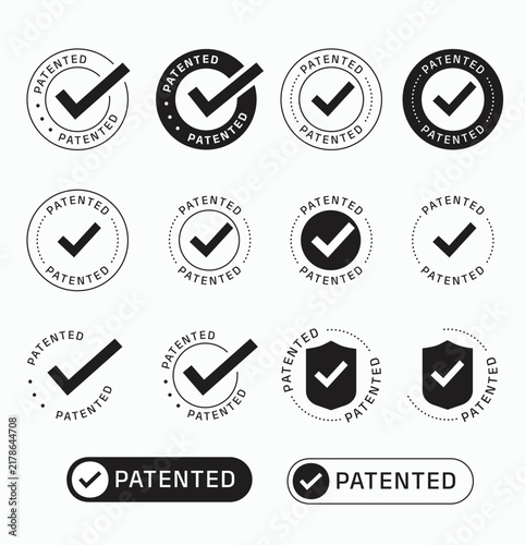 Patent Pending Badge, Stamp and Checkmark Icon Collection. professional Patent Pending badges, stamps, seals, labels, and checkmark icons in black and white designs. Includes circular, square, hexagon
