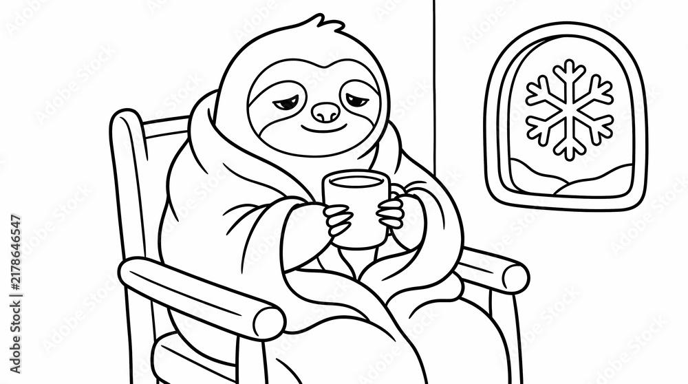 Obraz premium Cute cartoon sloth wrapped in a warm blanket holding a hot drink by a winter window