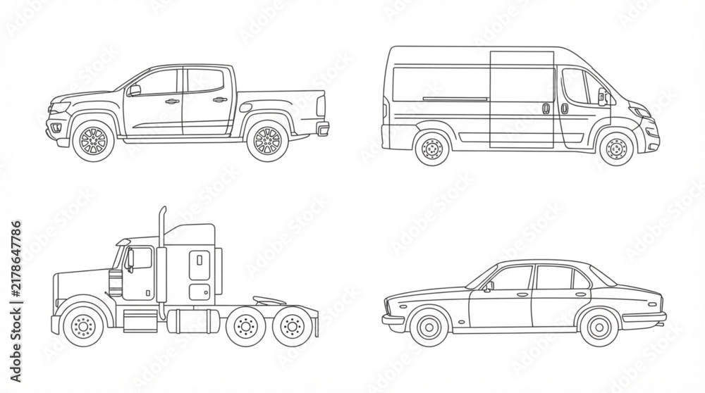 Obraz premium Minimalist fine line transportation vector set with pickup truck cargo van delivery vehicles outline style