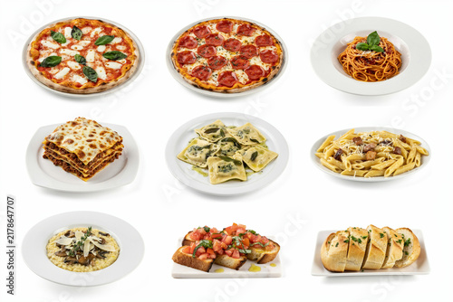 Set of delicious italian food dishes like pizza and pasta