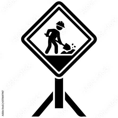 Road work warning sign icon with a construction worker silhouette for traffic safety.