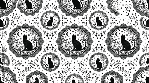 Spooky gothic black cat seamless pattern with crescent moon and ornate victorian frames cat silhouette halloween background mystical design wrapping paper ornate frame