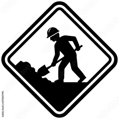 Road work warning sign with construction worker silhouette icon
