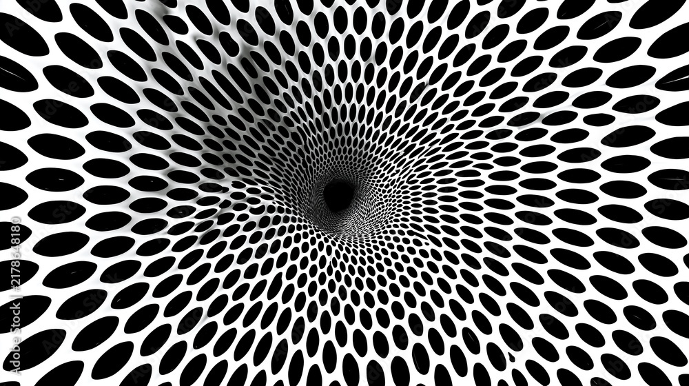 Fototapeta premium Black oval dots arranged in swirling tunnel pattern on plain white background creating optical illusion of 3d depth for modern abstract art design
