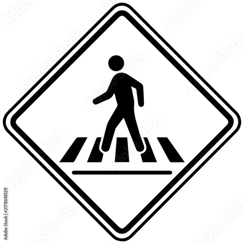 Pedestrian crossing road sign icon in bold black and white for safety and urban design
