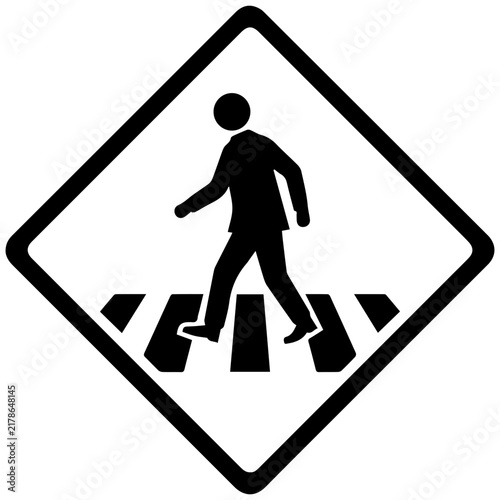 Pedestrian crossing road sign icon, black and white vector symbol for traffic safety.
