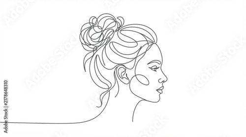 Woman profile with messy bun one line art vector illustration for luxury hair salon and beauty concept