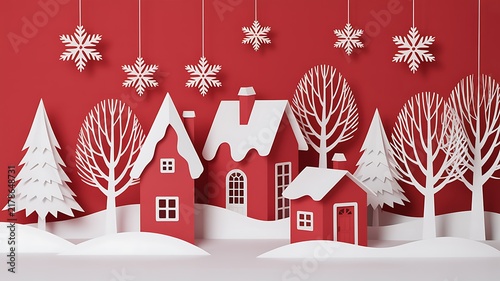 Red Paper Cutout Christmas Home with Winter Trees
