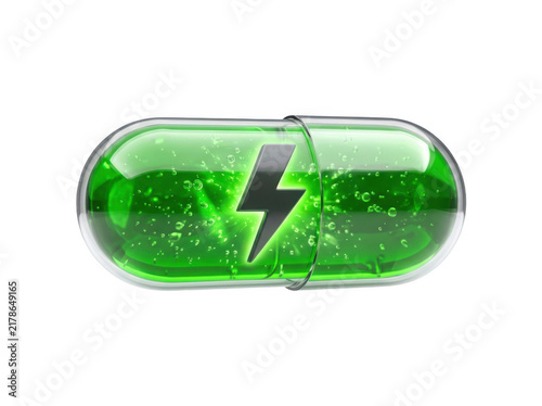 Green energy capsule pill with a lightning bolt symbol inside, representing health and vitality isolated on transparent background