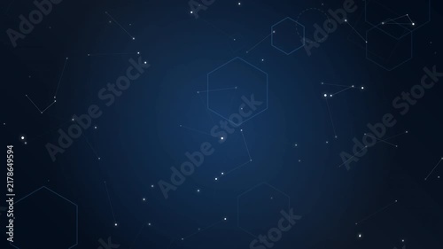 Abstract digital network with glowing hexagons and connecting lines on dark blue background, concept for technology, data science and cyber security