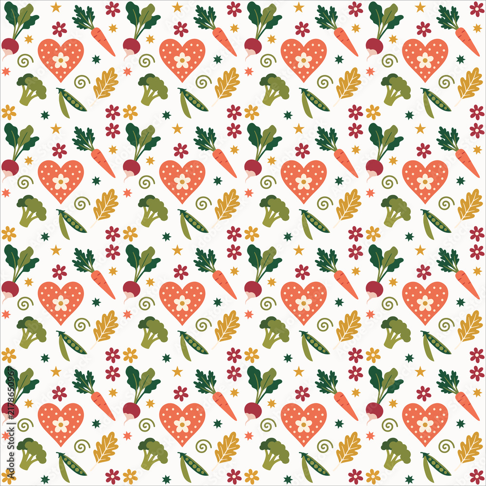 Cute Organic Vegetable and Heart Seamless Pattern Vector for Farm-to-Table Decor