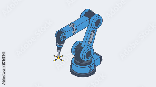 Isometric blue robotic assembly arm illustration for industrial automation and manufacturing technology concepts on plain background.