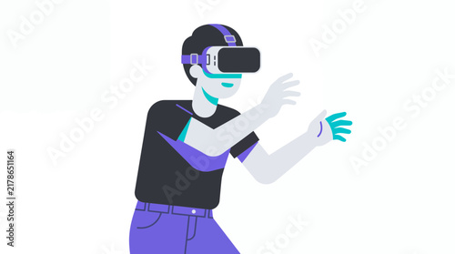 Man wearing virtual reality headset in flat vector style, interacting with digital simulation for gaming and technology concepts.