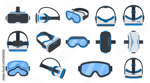 Comprehensive collection of virtual reality and augmented reality headset icons in flat vector style for gaming, metaverse, and immersive technology applications.