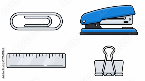 Vector stationery tool set featuring office icons like stapler, paper clip, ruler, and binder clip on white background for business and school supplies concepts.