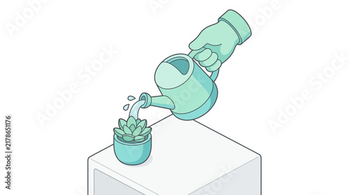 Isometric vector illustration of a hand holding a watering can to nurture a small potted succulent on an office desk, symbolizing indoor gardening, workspace wellness, and plant care routines.