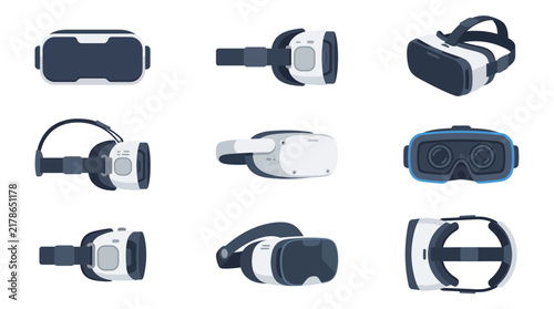 Vector collection of virtual reality headsets in various angles, featuring modern flat design for gaming, simulation, and futuristic technology concepts isolated on white background.