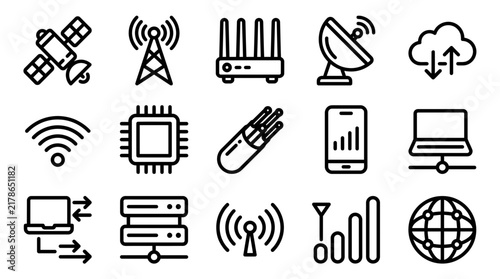 Set of 15 black line icons representing 5G wireless technology, mobile network connectivity, high-speed internet hardware, telecommunications equipment, and global data transmission symbols.