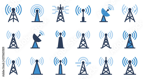 Set of wireless signal tower and telecommunication icons representing network connectivity, radio broadcasting, and data transmission infrastructure in flat blue style.