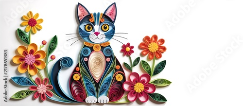 Quilling art of colorful cat with flowers