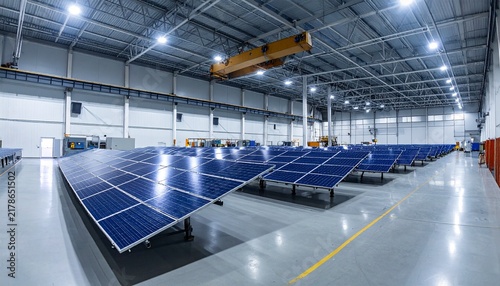 Modern Solar Panel Factory Interior with Rows of Photovoltaic Modules.
