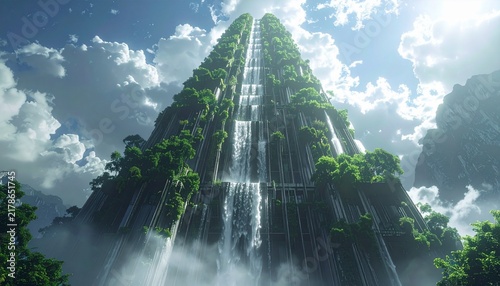 Majestic Waterfall Mountain Peak Covered in Lush Greenery Under a Cloudy Sky.