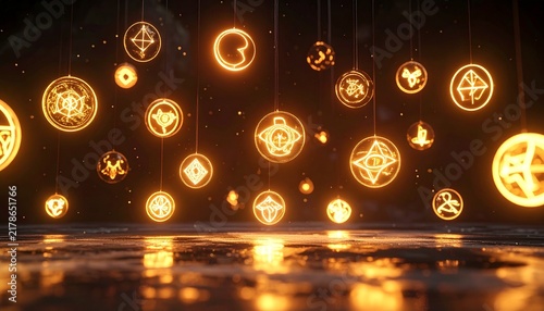 Magical Orbs of Light with Ancient Symbols Floating in Darkness.