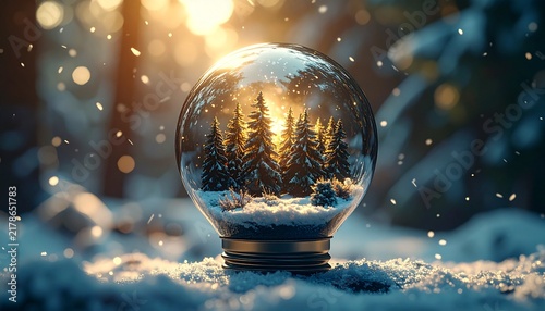 Magical Snow Globe Captures Enchanted Winter Forest Scene at Sunset.