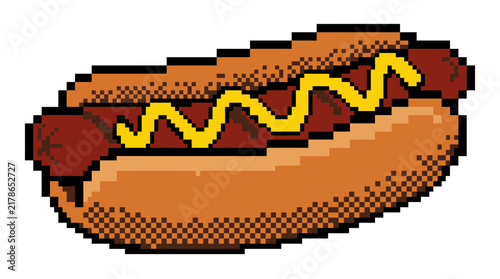 Pixel art illustration of a grilled hotdog with yellow mustard in a bun, isolated on white background. Retro 8-bit style fast food snack for gaming and web design.