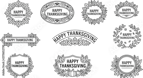 A collection of nine distinct, elegant, black and white Happy Thanksgiving badge and emblem designs featuring autumn leaves, foliage, pumpkins, and decorative floral borders.