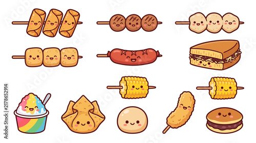 Cute kawaii Indonesian street food vector set featuring cartoon snacks like meatballs, egg rolls, and grilled corn with smiling faces for culinary stickers and menu decorations.