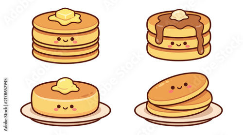 Kawaii pancake set featuring cute smiling characters with butter and syrup. Adorable breakfast vector illustrations for stickers, cafe menus, and sweet food designs on white background.