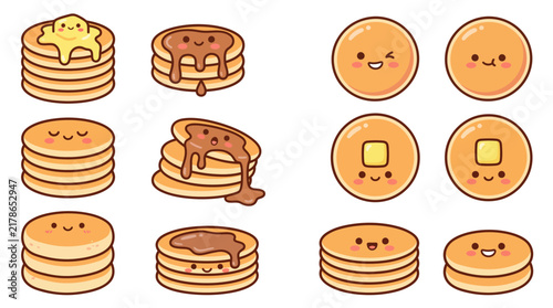 Kawaii pancake set featuring cute cartoon characters with happy faces, butter, and chocolate syrup in a grid layout.