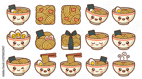 Cute kawaii ramen bowl sticker set featuring smiling Japanese noodle soup characters with eggs and seaweed, flat vector illustration collection isolated on white background.