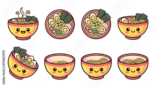 Kawaii ramen bowl vector collection featuring cute smiling faces, Japanese noodle soup illustrations with eggs, nori, and narutomaki, isolated cartoon food stickers and icons set for menu design.