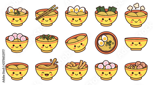 Kawaii Ramen Bowl Sticker Set with Cute Smiley Faces, Japanese Noodle Soup Icons featuring Narutomaki, Eggs, and Seaweed, Vector Illustration for Food Menu and Stickers.