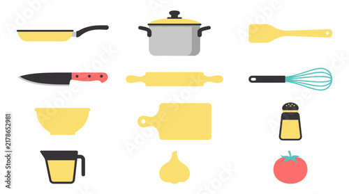 Minimalist kitchenware icon set including pans, pots, utensils, and food elements. Vector illustration for culinary concepts, menus, and recipe design.