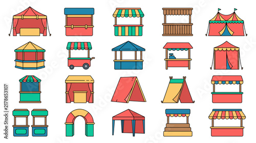 Vector collection of colorful street food kiosks, market stalls, and festival tents. Minimalist icons for fair, carnival, food court, and retail market design layouts.