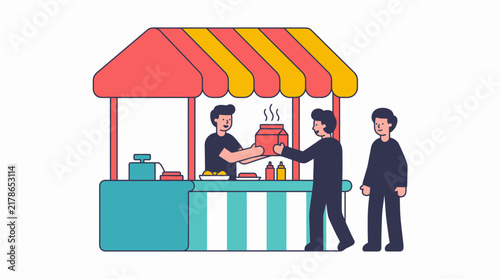Street food stall illustration featuring a vendor serving hot meals in takeaway boxes to customers waiting in line, colorful outdoor kiosk vector flat design on white background.