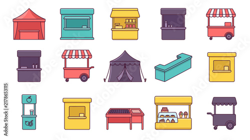 Set of flat vector icons showcasing street food kiosks, mobile vendor carts, market stalls, and festival tents for commercial outdoor catering and urban snack services.