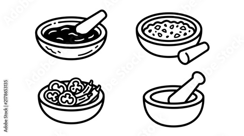 Vector set of traditional stone mortar and pestle icons for making spicy chili paste or sambal. Line art illustrations of grinding bowls with hot peppers for Asian culinary and kitchen themes.