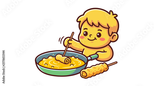 Cute Cartoon Illustration of a Boy Cooking Telur Gulung or Deep Fried Rolled Egg Street Food on a Skewer in a Frying Pan, Isolated Vector Design for Culinary and Snack Themes