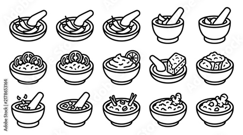 Traditional Indonesian sambal icons collection featuring chili paste in mortar and pestle sets, condiments with tomato, lime, and shrimp paste for culinary graphic design and menus.